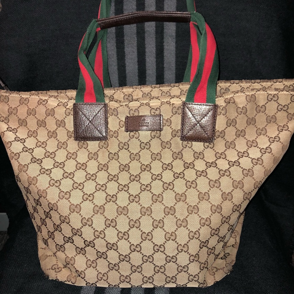 Brown Canvas Gucci Tote with Leather Bottom